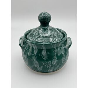 Pottery Crock Bean Pot Lidded Stoneware Green Knob Handle Jar